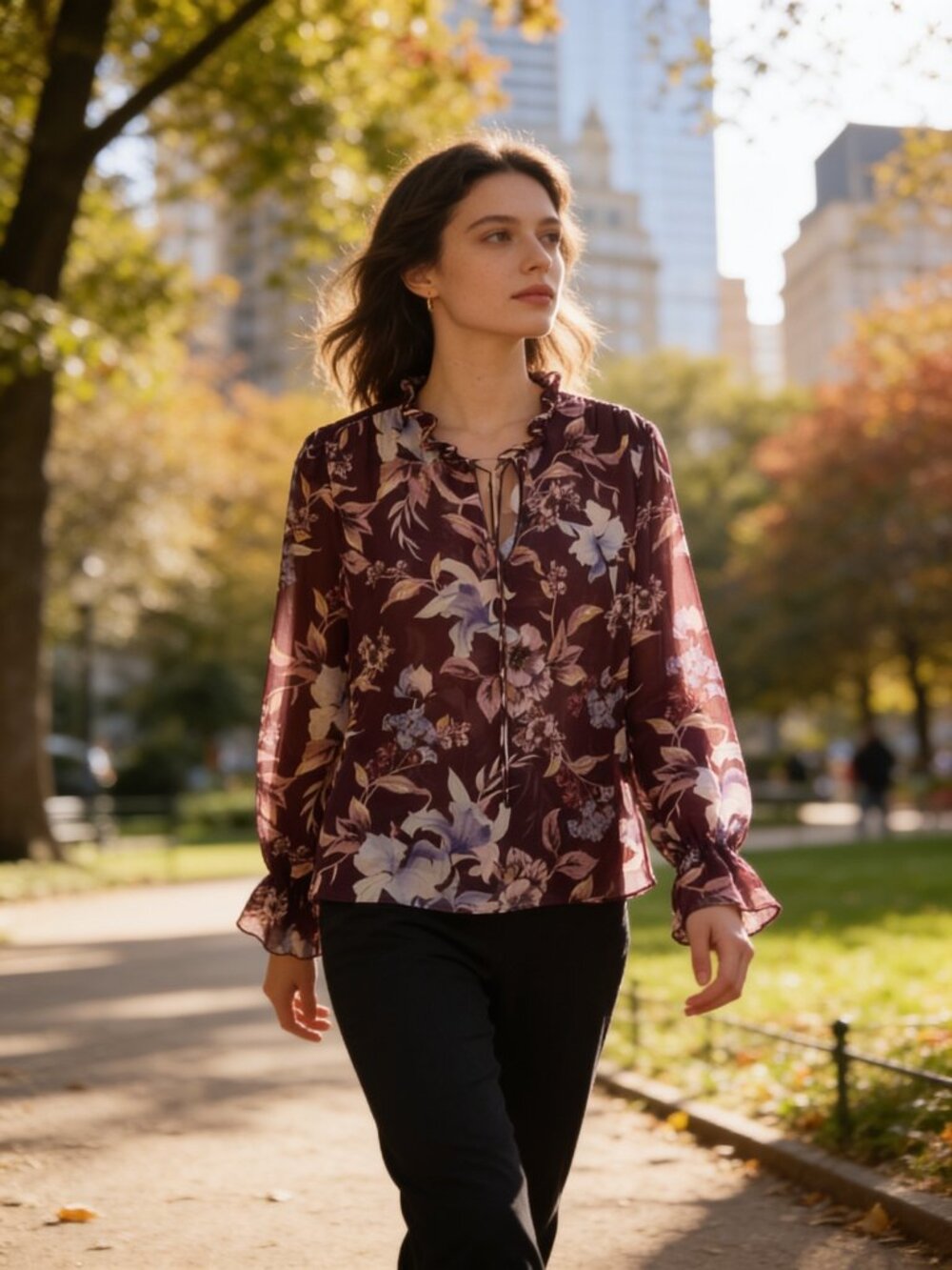 White House Black Market Sheer Burgundy Tie Neck Blouse